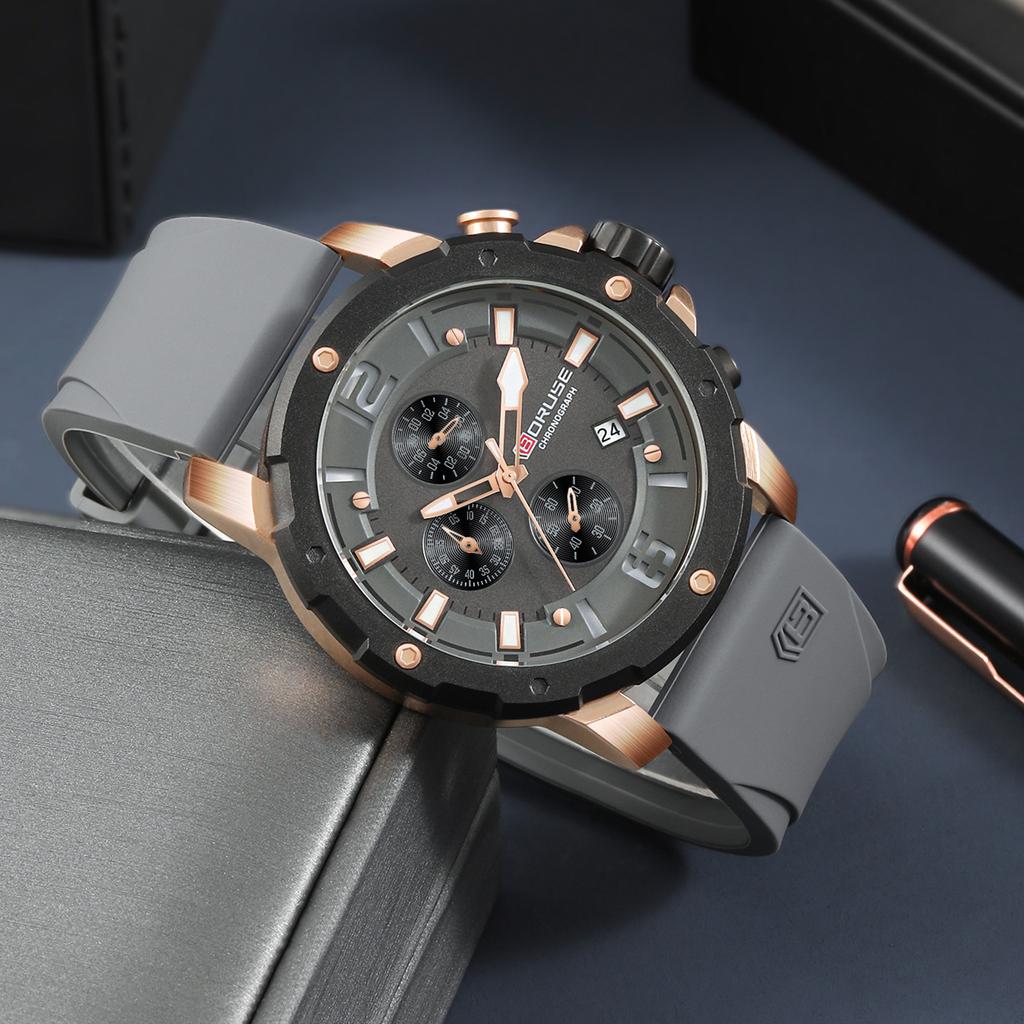 BORUSE Мужские часы Мужские часы с большим циферблатом Силиконовый ремешок Мужские кварцевые часы Классические деловые часы Многофункциональные часы-хронограф