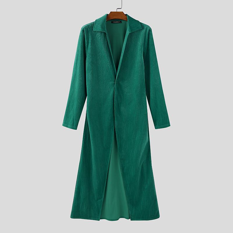 INCERUN Men Autumn Winter Long Sleeve One Button Casual Split Texture Long Tunic Tops Cardigan