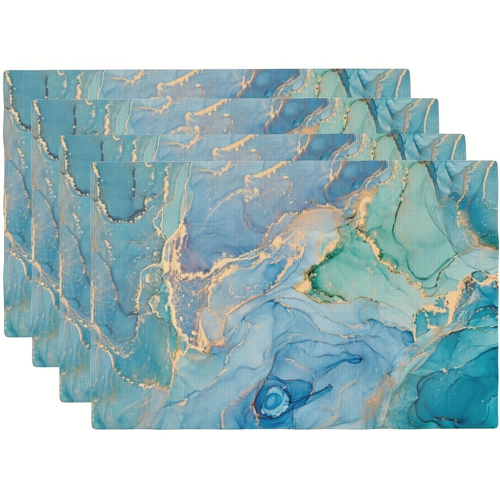 4pcs Natural Luxury Abstract Turquoise Blue And Golden Patterned Placemats, Suitable for Parties, Kitchen, Dining Room, Indoor And Outdoor Decoration,