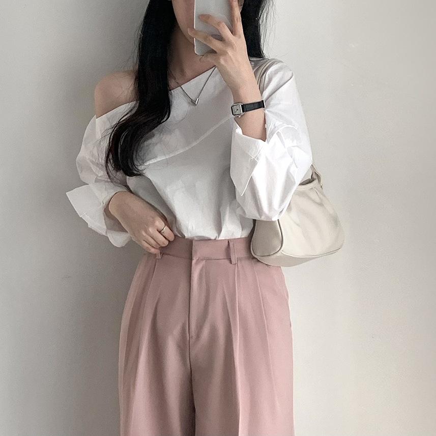 Рубашка с открытыми плечами, женская сексуальная однотонная тонкая рубашка на одно плечо, летняя рубашка с длинными рукавами, дизайнерский топ