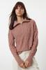 Women's Fashionable Stylish Sweater Dusty Rose Wide Pattern Hair Braided High Collar Knitwear Sweater
