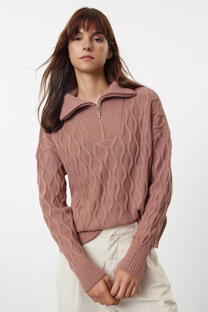 Women's Fashionable Stylish Sweater Dusty Rose Wide Pattern Hair Braided High Collar Knitwear Sweater