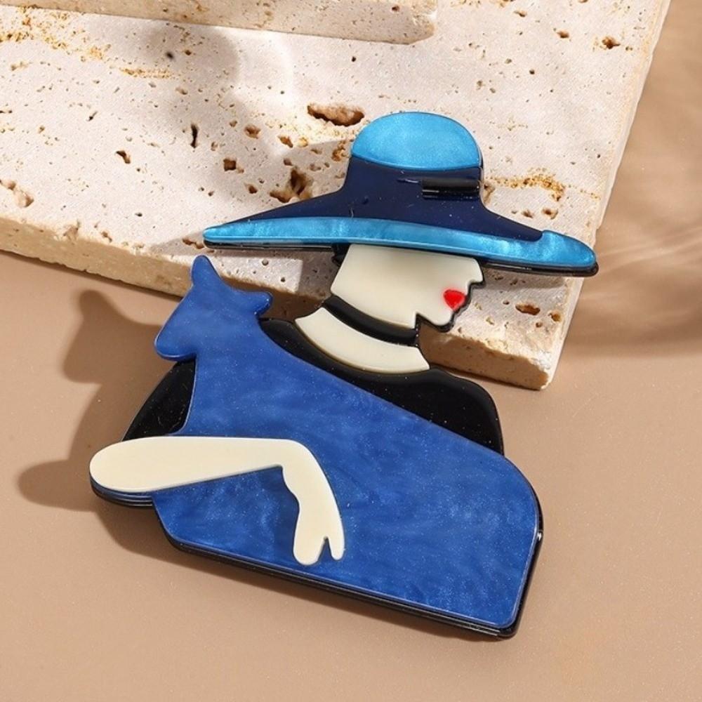 Large Women Portrait Pin Acrylic Coat Badge Cute Lady with Hat Brooch Clothing Accessories