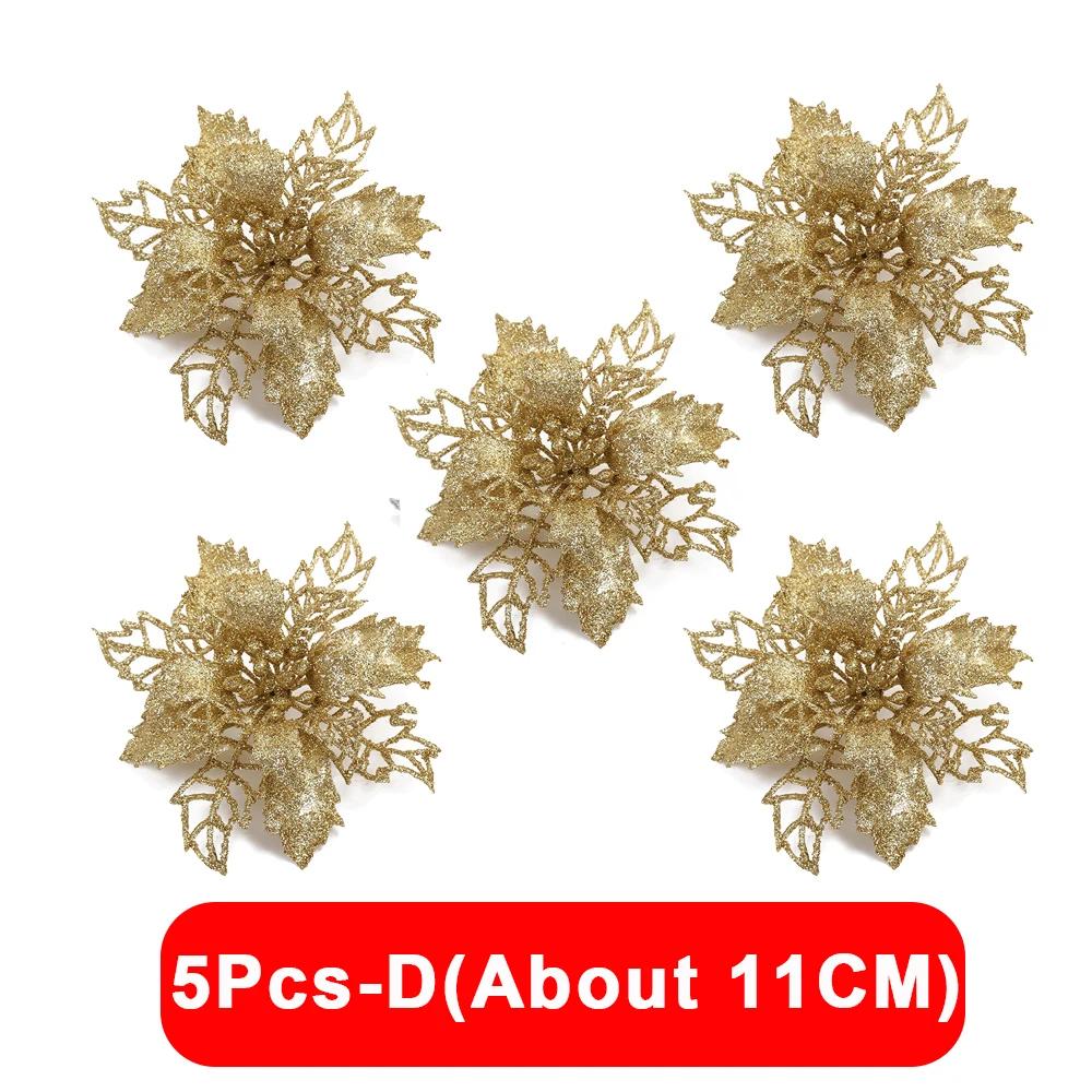 5/1Pcs Christmas Glitter Artificial Flowers DIY Christmas Tree Hanging Ornaments Fake Flower For Xmas New Year Party Decor Gifts