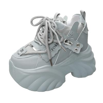 Женские кожаные кроссовки Весенние на шнуровке Высокая платформа Массивная обувь Дышащая обувь для ходьбы 10 см Клиновидные каблуки Повседневная спортивная обувь