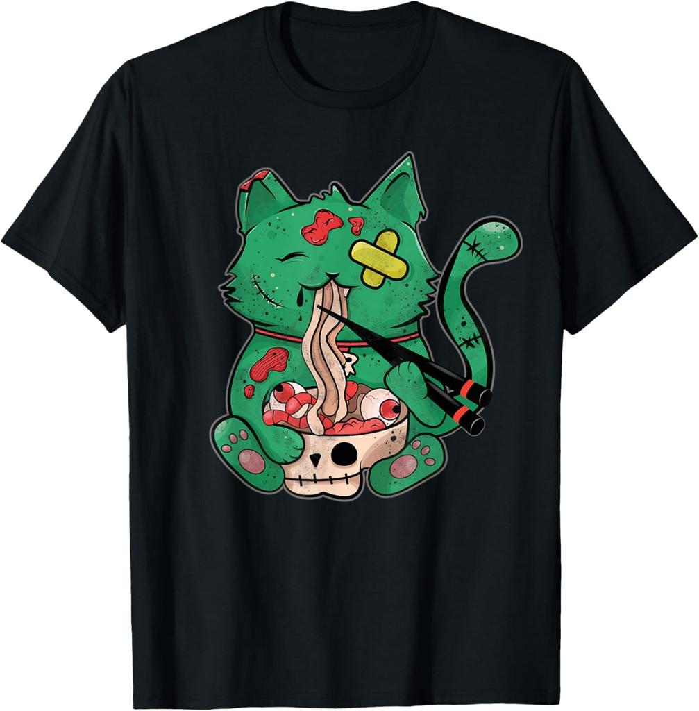 Kawaii Pastel Goth Cute Creepy Cat Bat Skeleton T-Shirt Print Original Design Gifts T Shirts Mens Clothing Camisas Streetwear