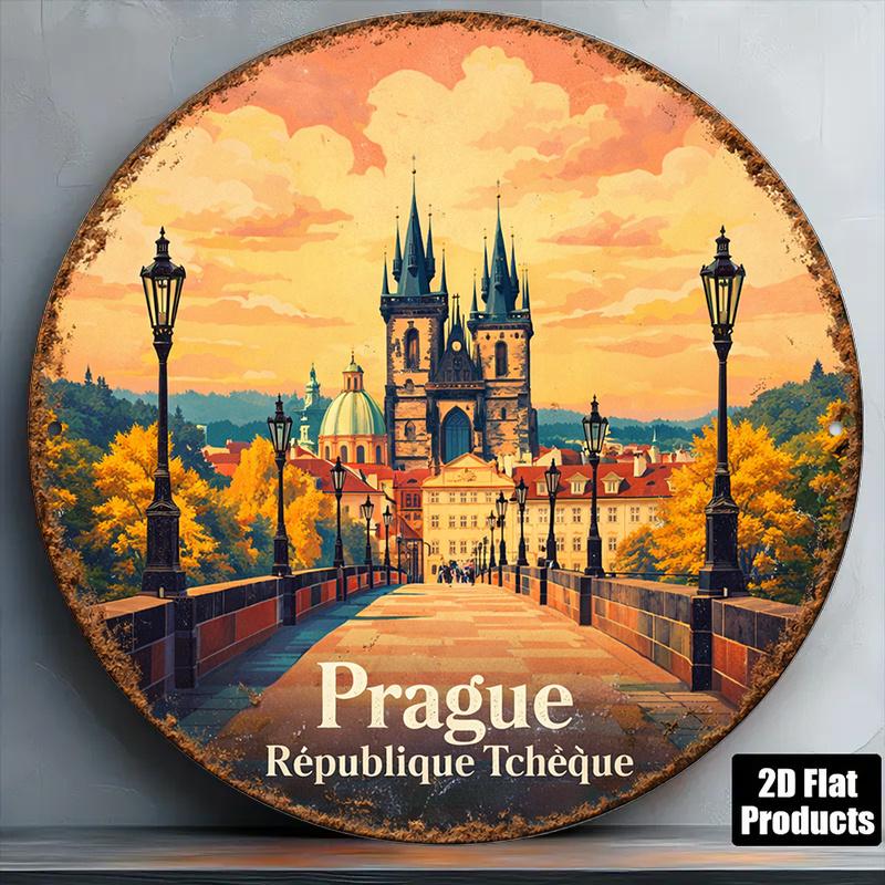 D-flat pc Прага Карлов мост Чехия Винтажная настенная табличка Круглая Ретро Подходит для декора бара кафе ресторана Charle