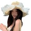 Women Straw Hat Wide Brim Breathable Straw Weaving Hat with Colorful Beads Decor Flexible Edges Sun Hat