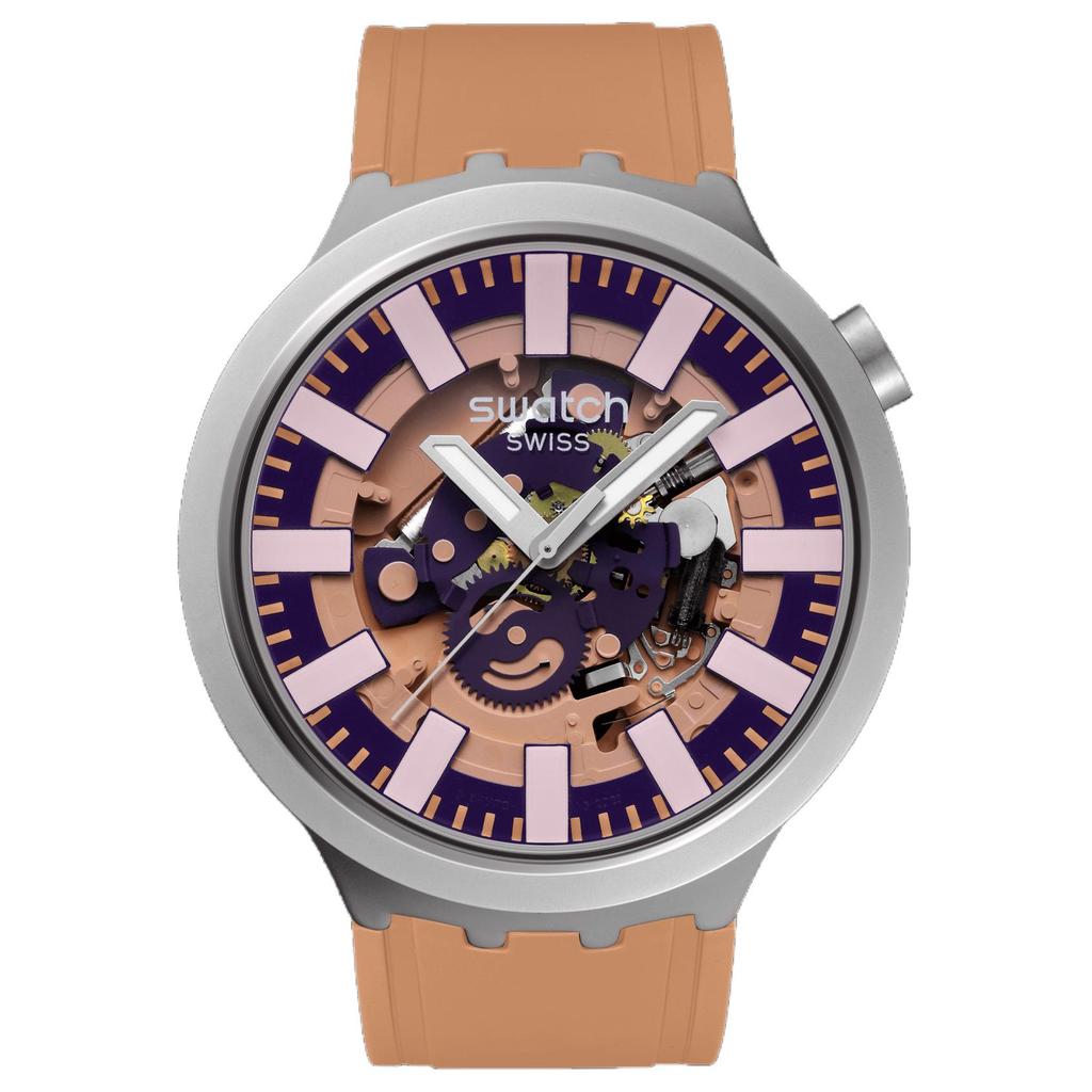 Swatch Серия Essentials Кварцевый механизм Водонепроницаемость 30 метров Унисекс Швейцарские часы 47 мм Розовый циферблат Корпус из нержавеющей стали Резиновый ремешок SB07S119