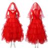 Women BeetleJuice Lydia Cosplay Costume Red Long Sleeveless Dress Wedding Veil Gloves Outfits Halloween Carnival Party Evening Gown Role Play Suit
