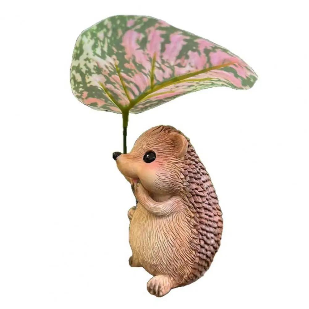 Weatherproof Leaf Umbrella Hedgehog Figurine Cute Small Hedgehog Sculpture  Home Balcony Decor