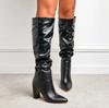 High-quality Leather/suede Pleated Knee-High Boots for Womens Sexy Pointed Toe 10CM Chunky Heels Knight Boots Winter New