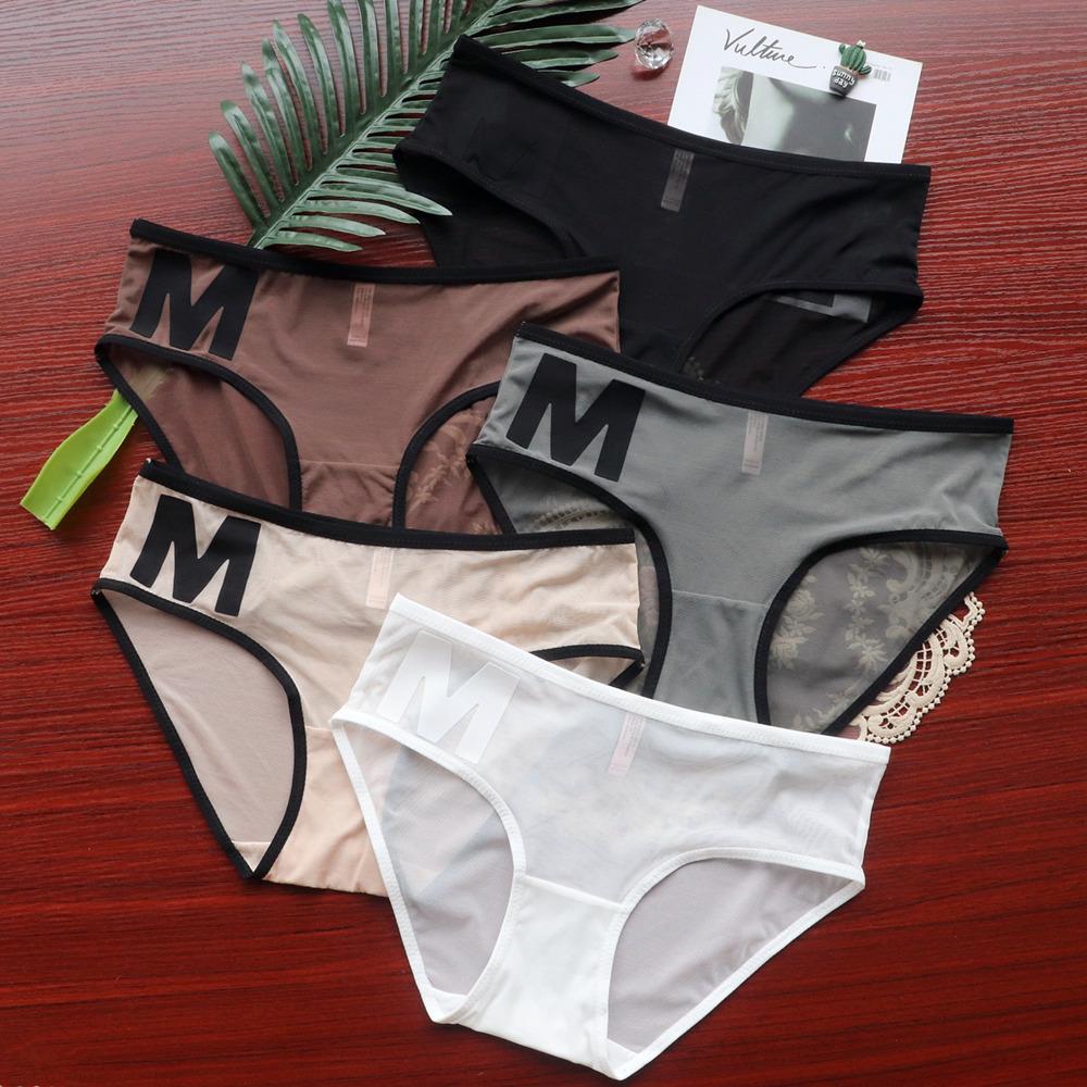 M-shaped Transparent Silk Women's Briefs Lace Sexy Mesh Underwear Female Low Waist Underpant Cotton Gear Knickers