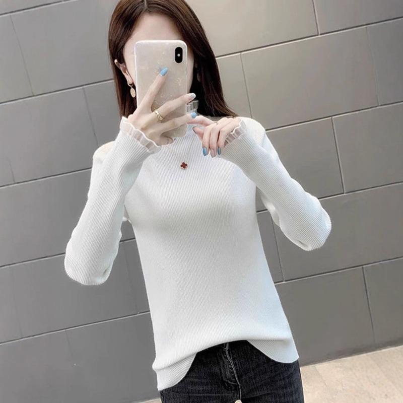 Semi-turtleneck Knitted Sweater Women's Spring and Autumn New Versatile Lace Splicing Sweater Backing Inner Top