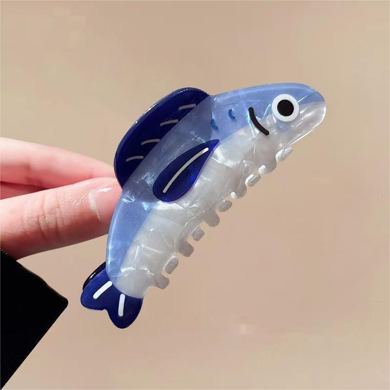 Hip-Hop Blue & White Fish-Shaped Hair Claw Clip - Large Oval Shark Sardinia-Inspired Design with Realistic Eyes, Hair Accessory