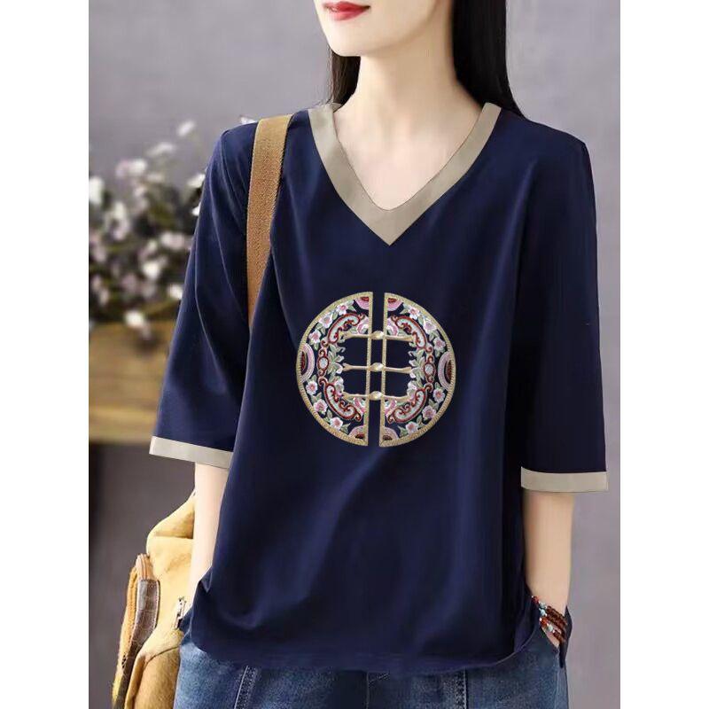 Foreign Trade Export Clearance Leakage 100% Pure Cotton V-neck Short sleeve T-shirt Women Summer Loose Belly Covering Slimming All-Matching Top