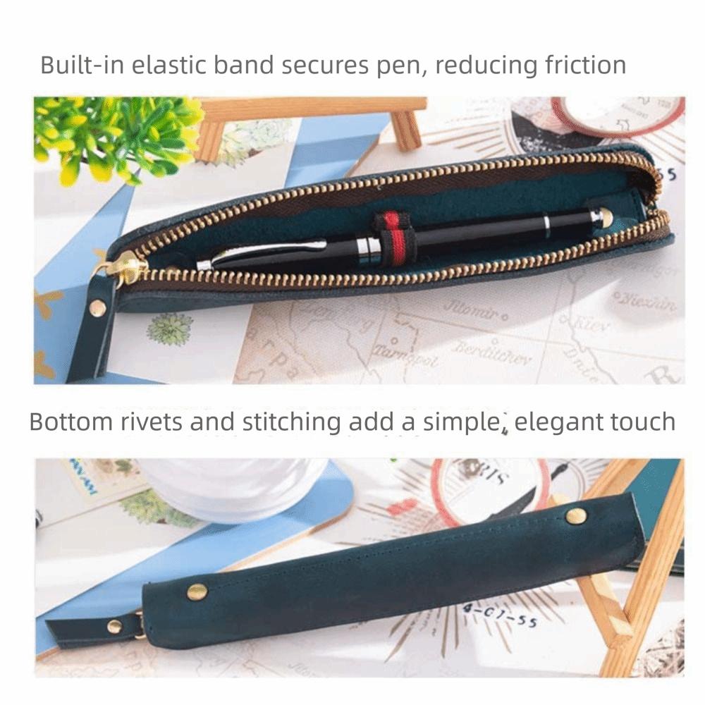 Cowhide Leather Mini Pen Pouch Zipper Electronic Writing Pen Protective Organizer