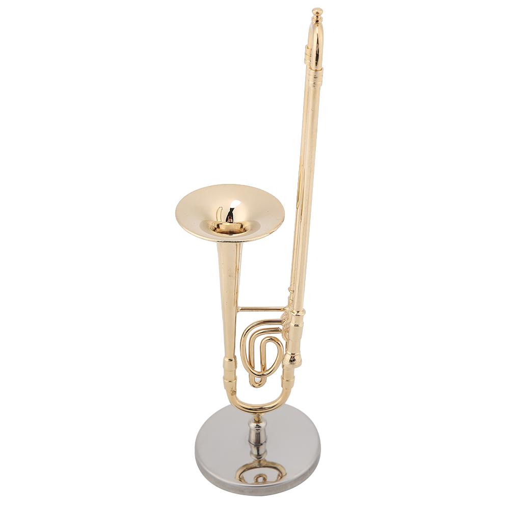 Miniature Trombone Replica with Stand and Case Gold Plated Instrument Model Musical Ornaments