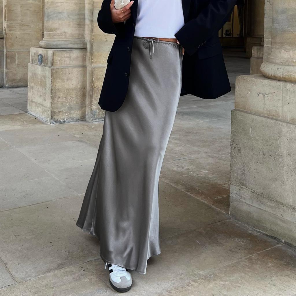 A Line Long Satin Skirts for Women Black Elegant High Waist Maxi Beige Skirts Silk Lace Up Long Skirt Women