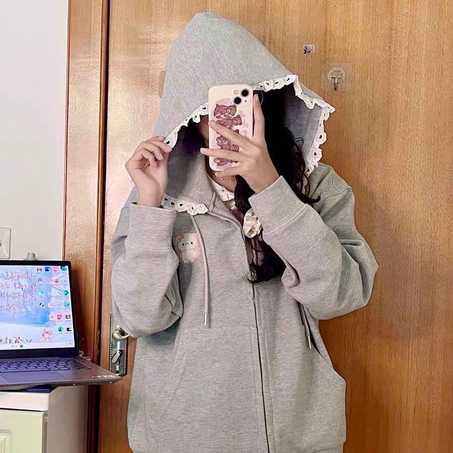 Kawaii Sweet Harajuku Hoodies Women Japanese Gothci Lace Patchwork Cartoon Embroidery Zipper Oversize Sweatshirt