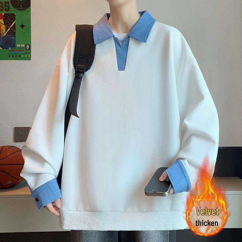 Boy's Plus Velvet Fake Two-Piece Lapel Hoodie for Fall/Winter - Junior High and Big Kids POLO Top