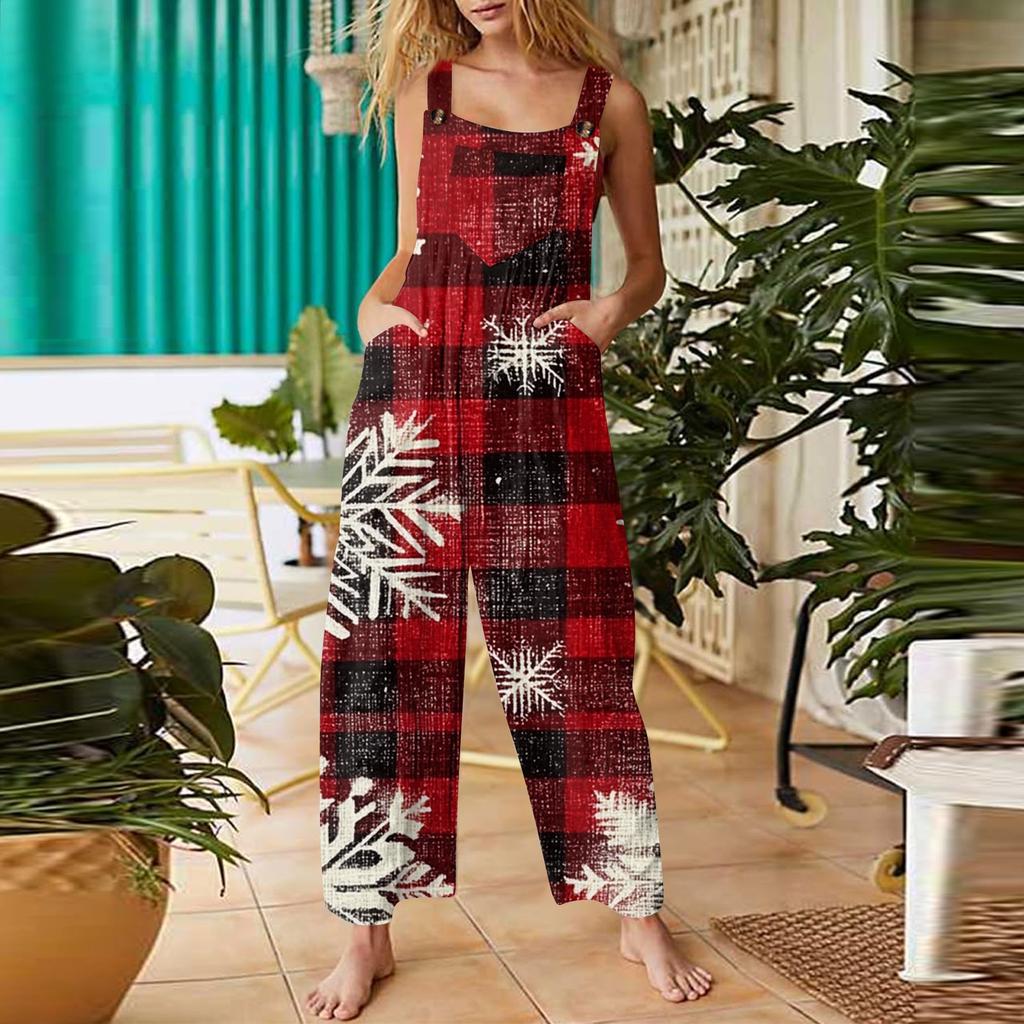 Женский модный повседневный винтажный комбинезон без рукавов с рождественским принтом на пуговицах