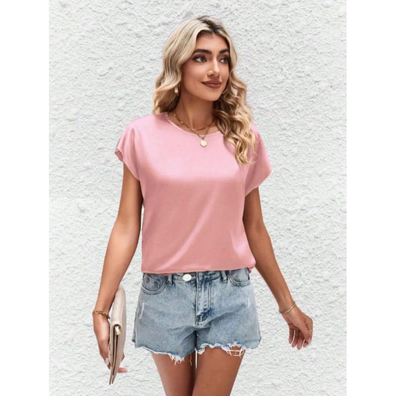 Летний женский однотонный повседневный топ с круглым вырезом, рукавами «летучая мышь» и атласным имитацией шелка, блузки и рубашки с короткими рукавами