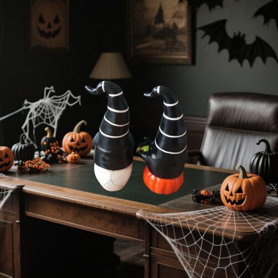 1 Pair Halloween Gnome Statue Ghost Skull Pumpkin Shape Resin Figure Festive Atmosphere Halloween Decoration