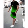 Men's Summer Color-Block Print Round Neck Short Sleeve Casual T-Shirt Drawstring Waist Shorts Fresh Casual Set