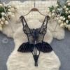 Porno Sheer Lace Nightwear Playsuits Women Sheath Hollow Out Lingerie Ruffles Jumpsuits Female Short Transparent Sexy Bodysuits 2024