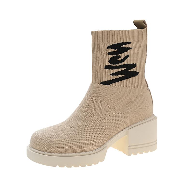 Женские вязаные высокие каблуки, ботильоны, высокие носки, толстые зимние ботинки на платформе 2025 года, новые трендовые брендовые ботинки Chelsea Snow, сексуальные туфли-лодочки из плетения