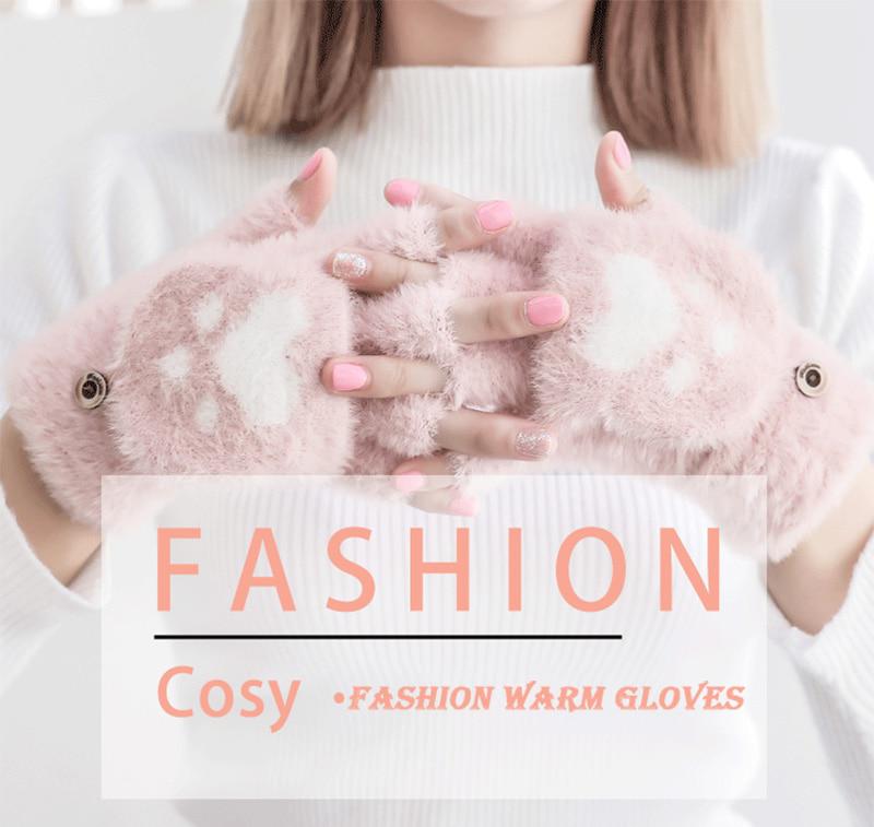 Winter Warm Soft Rabbit Fur Knit Mittens Women Flip Half Finger Plush Thick Cute Cartoon Cat Claw Touch Screen Driving Gloves I1