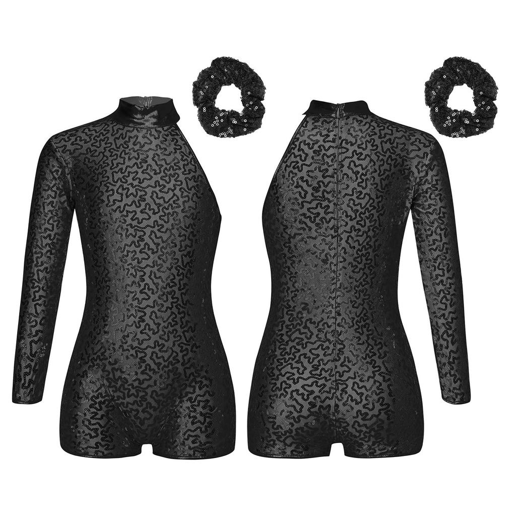 Girls Sparkly Sequin Gymnastics Leotard One Shoulder Long Sleeve Bodysuit with Hair Tie Jazz Dancewear