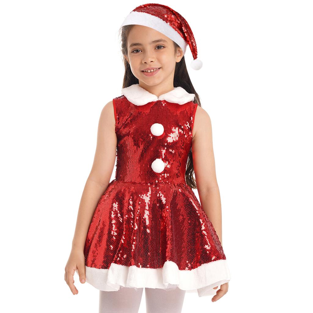 Kids Girls Christmas Party Dance Performance Costume Sleeveless Sequins Dress with Hat Set