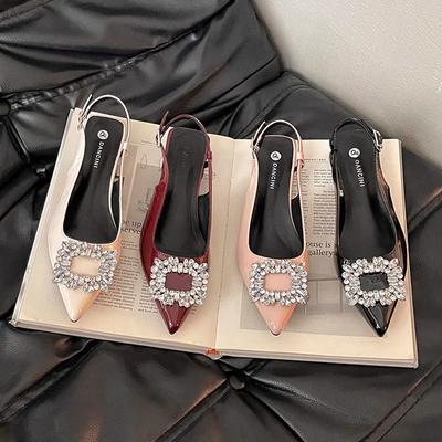 Модные повседневные остроносые сандалии летние ретро темперамент для работы универсальные лакированные телесного цвета на тонком каблуке с закрытой пяткой женские сандалии