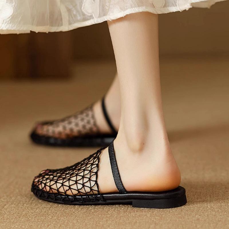 Нишевый дизайн полый плетеный рыболовный сетчатый верх плоская подошва сандалии на одной перемычке женские сандалии носить полушлепанцы женские