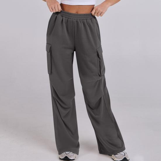 Women Cargo Pants Elastic Waist Mid-rise Straight Wide Leg Sweatpants with Multi Pockets Solid Color Casual Jogging Pants Loose Lounge Pants