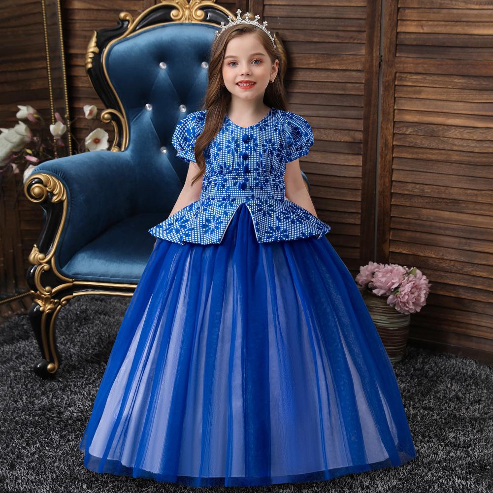 Children's Princess Dresses Thousand Birdie Patchwork Mesh Puffy Long Bubble Sleeve Girls' Stage Performance Dresses Girl's Favourite Dress