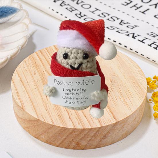 Positive Christmas Crochet Doll with Encouraging Card Emotional Support Handmade Knitting Santa Hat Potato Pickle Decoration Ornament Stress