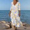 Dresses For Womens Vintage Print Tunic Waisted Midi Dress Summer Casual 3/4 Sleeve Dress
