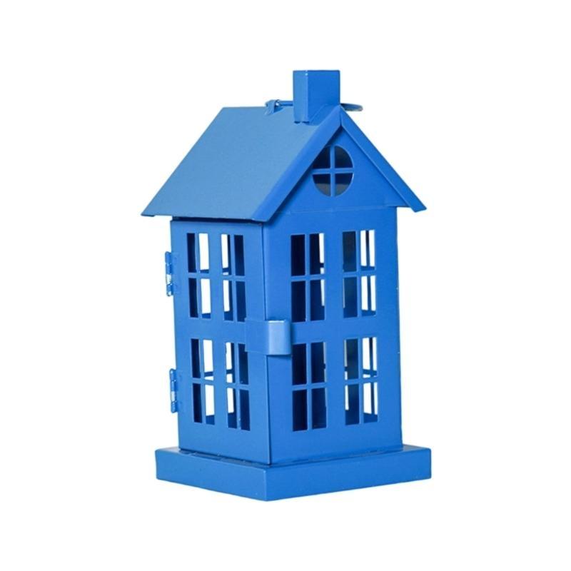 Hollowout Ice House Metal Blue Tealight Holder Hanging Lanterns for Indoor Table Centerpieces Decoration