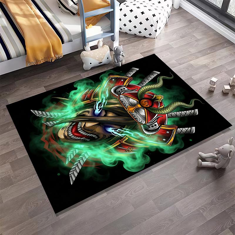 Samurai Mask Design Carpet with Green Smoke and Sword Patterns Suitable for use as an anti-slip for living room bedroom sofas