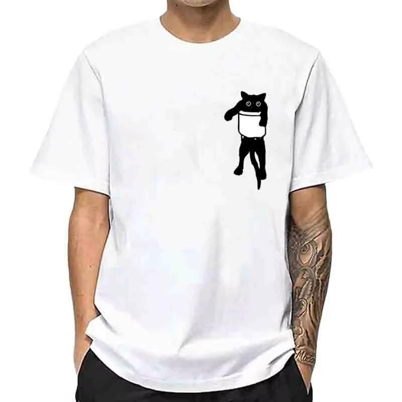Unisexs High Quality Tshirt 100 Cotton Funny Pocket Cat Print Summer Loose Cool Oneck T Shirt For Unisex Short Sleeve Male Tees
