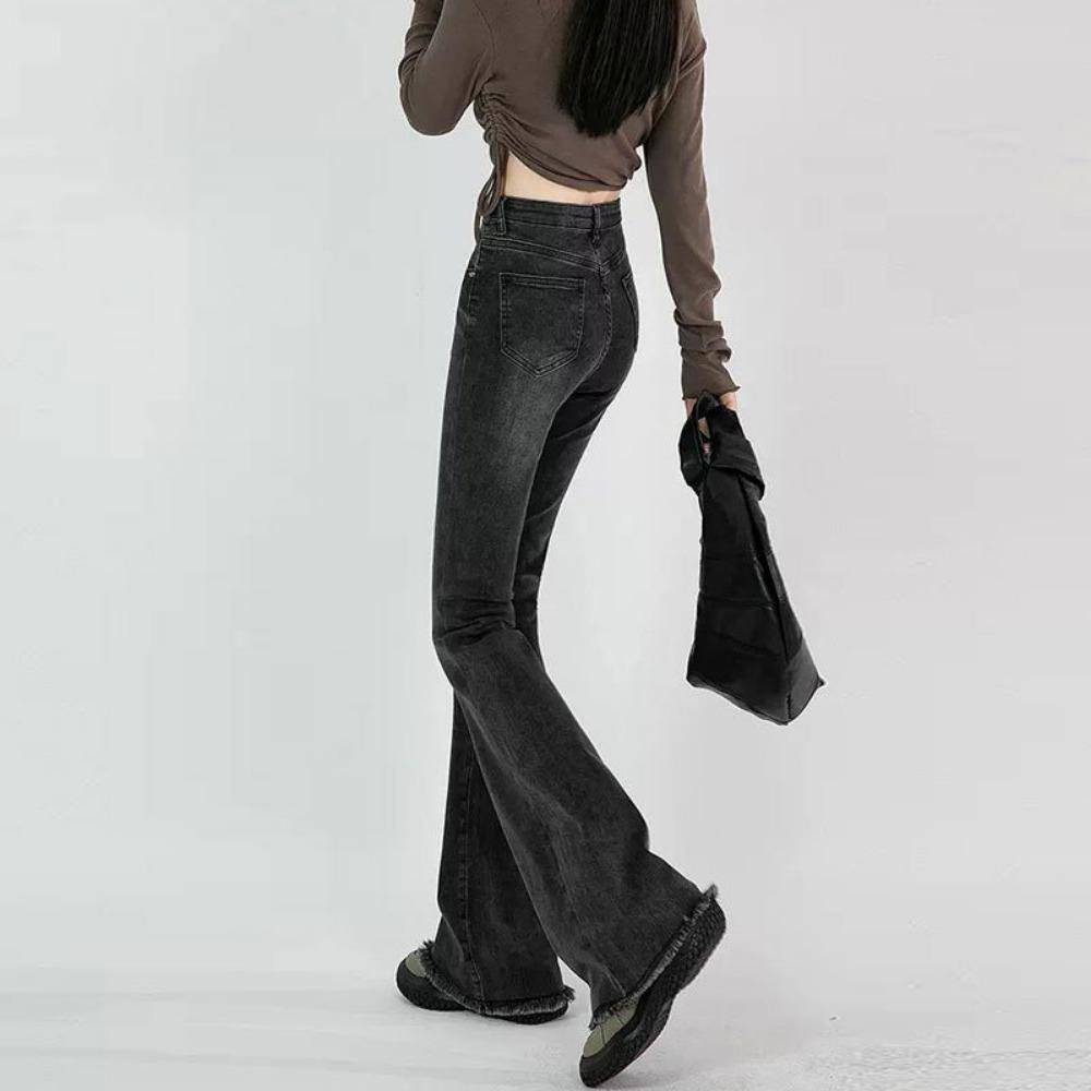 Raw Edge Design Sense Black Gray Micro Flared Jeans Woman