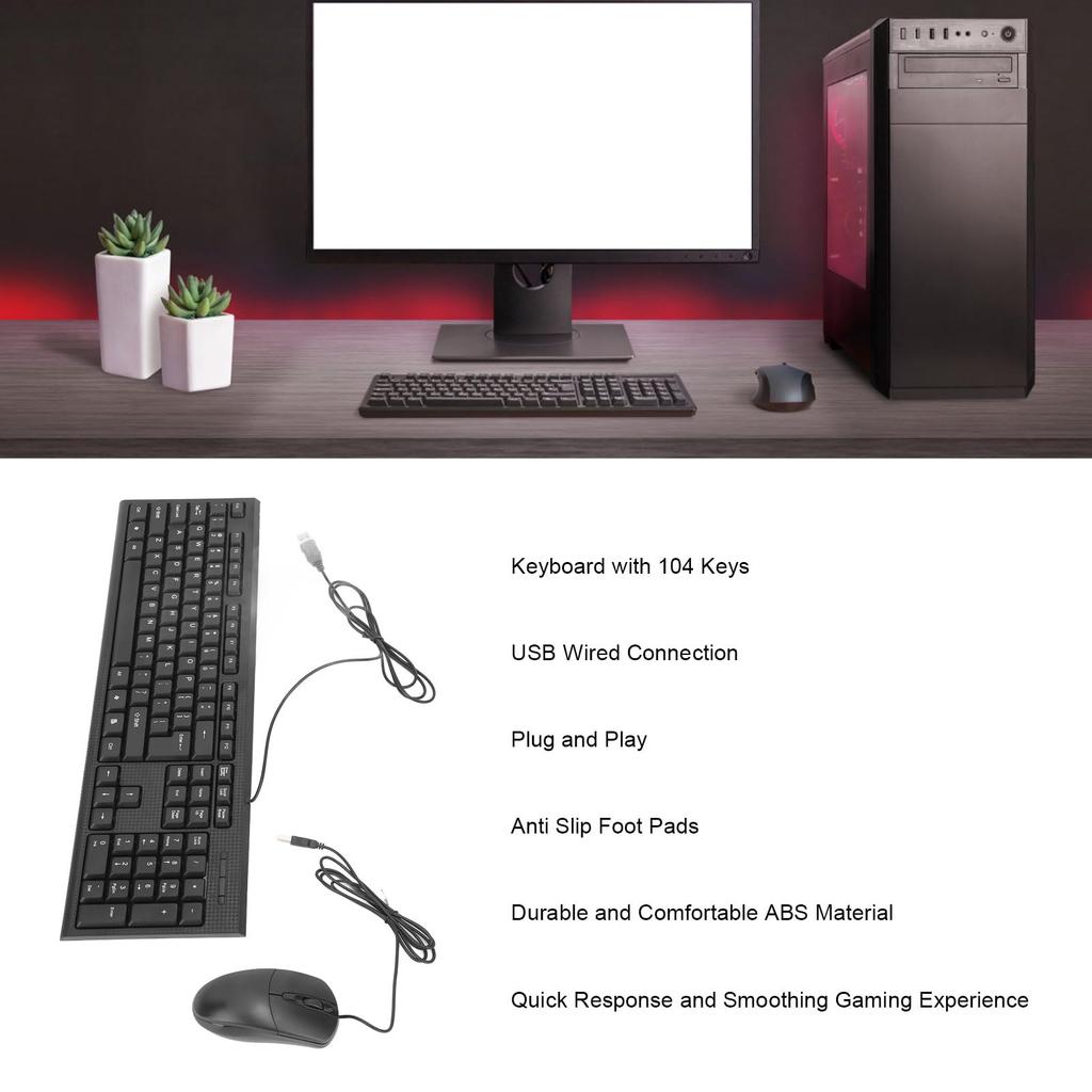 Keyboard and Mouse Combo, 104-Key USB Wired Non-Slip Waterproof Keyboard and Mouse Set for Gaming and Office Use