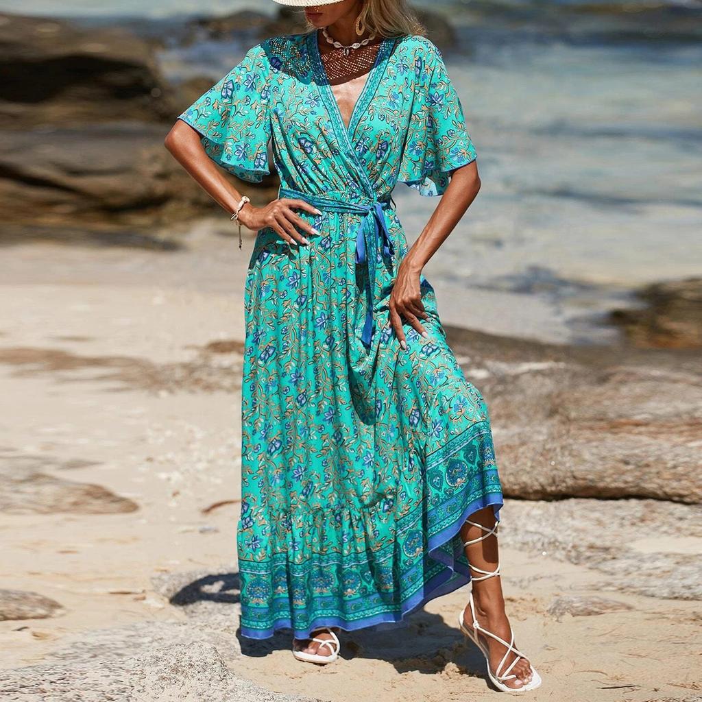 Women's V-neck Lace-up Printed Bohemian Dress Floral Short Sleeve Long Dress