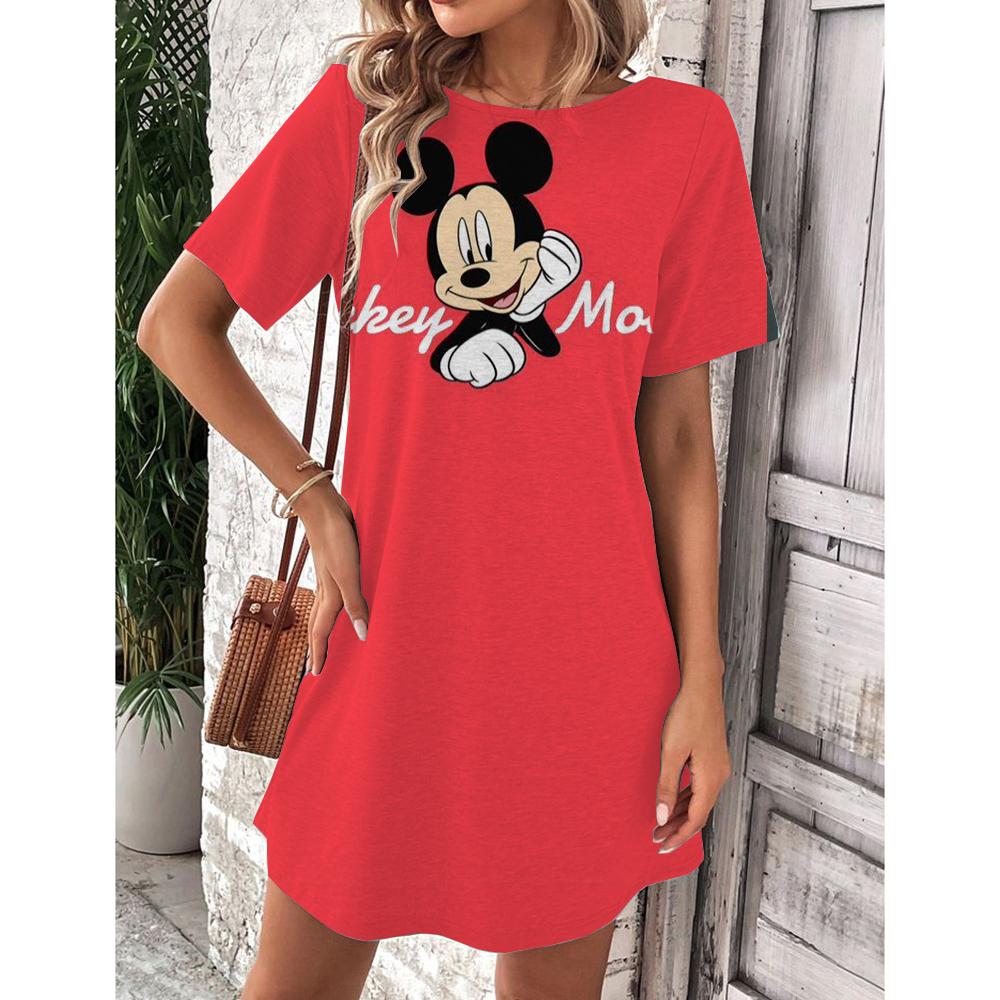 Женское летнее платье Disney Микки Маус Весна Круглый вырез Короткий рукав Свободная талия Платье с оборками