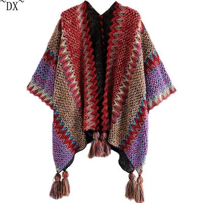 DX ~ ~ Xinmin ветровая шаль, шарф, кардиган с бахромой, свитер, свободный свитер в полоску в стиле ретро, ​​плащ, пальто