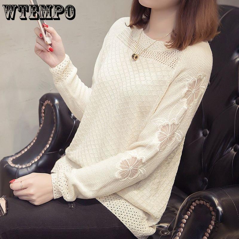 Spring and Autumn Women's Sweater Lace Knitwear Long Sleeve Knitwear Hollow Loose Versatile Women's Sweater Undercoat