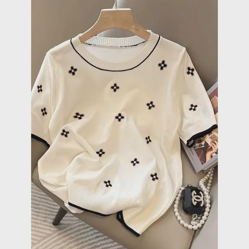 Футболка с коротким рукавом из корейского жаккардового трикотажа 2022 года — легкая, свободного кроя, с круглым вырезом, верх из ледяного шелка